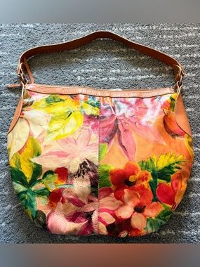 Maurizio Taiuti Multicolor Floral Leather Shoulder Bag with Tan Strap